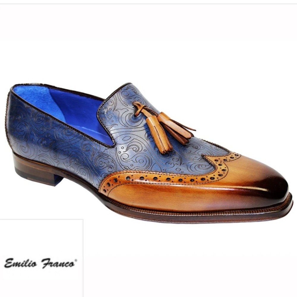 Emilio Franco Navy Blue Paisley Cognac Leather Tassel Wingtip Loafers Italy Sz 7